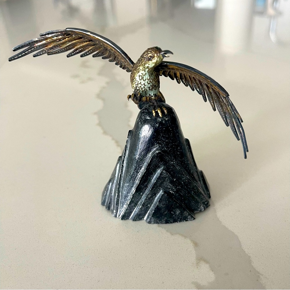 Sterling silver enameled bird of Prey on carved obisidian stone base